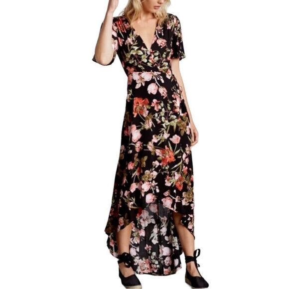 Cotton Candy LA High Low Wrap Dress In Floral Black Women’s Size M - Picture 1 of 8
